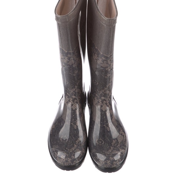 NWOT Valentino Size 6.5 (40) Black Rubber Mid-Calf Lace Print Rain Boots - Picture 5 of 12